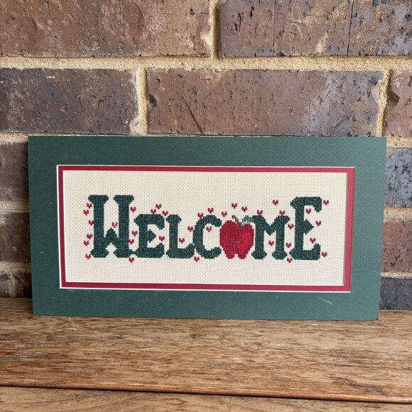 Completed Cross Stitch Welcome With Apple Double Matted No Frame READ - Picture 1 of 14